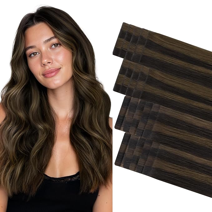 GOO GOO Invisi Edge Tape in Hair Extensions Human Hair, 2/6 Dark Brown Highlighted Chestnut Brown 10pcs injected with 10pcs classical tape ins, 16inch 50g, Virgin Remy Hair, Natural Look