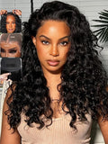 KLAIYI Water Wave Pre Everything Glueless 13x4 Lace Front Wigs Human Hair Precut Lace Pre Plucked Pre Bleached Bye Bye Knots Curly Wear and Go Beginners Wig with Drawstring 30S Ready to Wear 16Inch