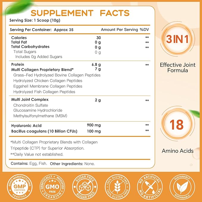 NATURE TARGET Multi-Collagen-Peptides-Powder for Joint Support, Hydrolyzed Collagen for Women Men with MSM + GC, Type I II III V X Collagen for Skin Hair & Nail, Non-GMO, 35 Servings