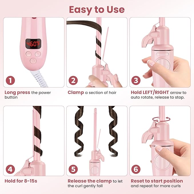 CHIKYO Automatic 9mm Rotating Curling Iron, 3/8 Inch Ceramic Barrel Curling Wand, Tiny Small Automatic Hair Curler with Anti-Scald Press & Anti-Scald Stand, Curling Iron for Short Hair(Pink)