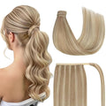 Ve Sunny Hair Extensions Ponytail Real Human Hair Wrap Around Clip in Ponytail Hair Extensions Straight Extensions Human Hair for Women Dark Blonde Highlights Golden Blonde 18inch 80G