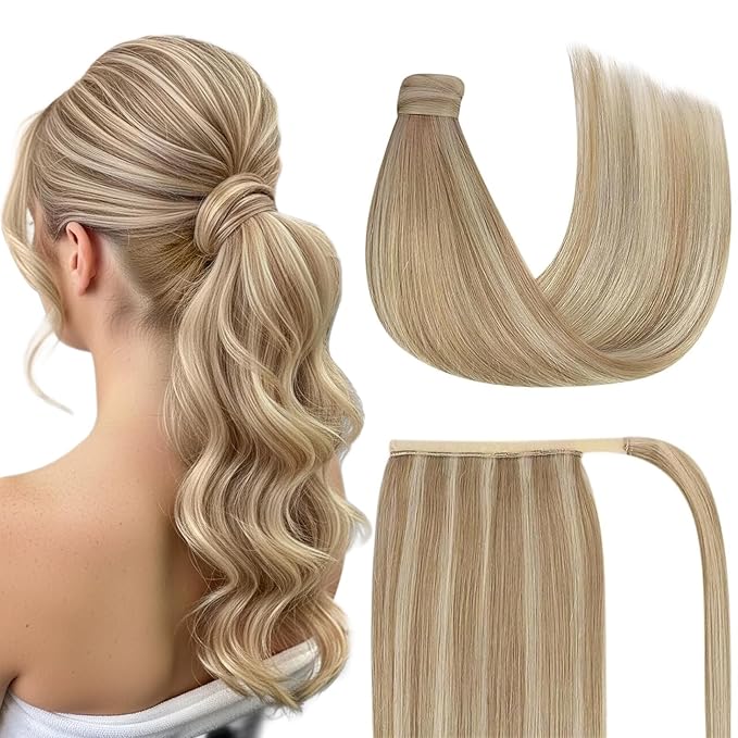 Ve Sunny Hair Extensions Ponytail Real Human Hair 80G Wrap Around Clip in Ponytail Hair Extensions Straight Extensions Human Hair for Women Dark Blonde Highlights Golden Blonde 14inch
