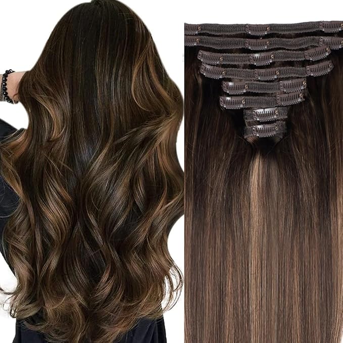 Straight Clip In Hair Extensions Real Human Hair 8Pcs Clip In Balayage Dark Brown to Chestnut Brown Human Hair Extensions with 18Clips Lace Weft 120g 22inch