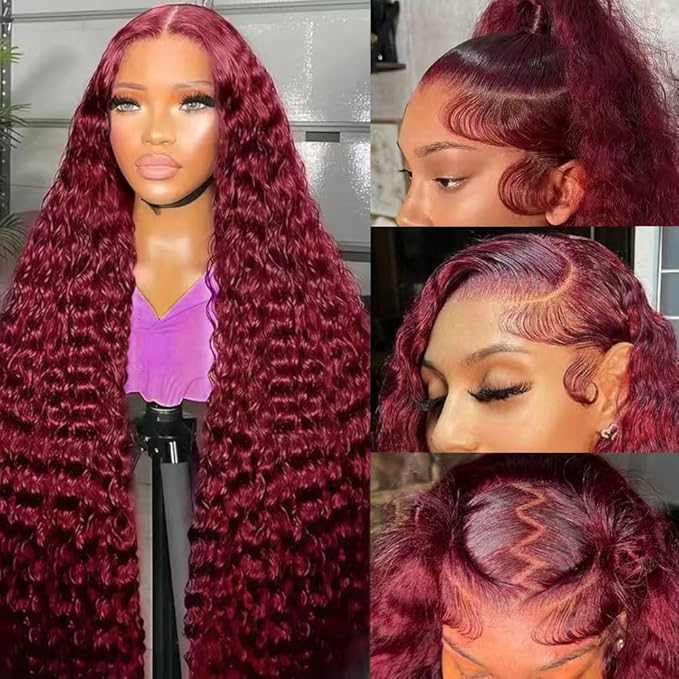 99j Burgundy Lace Front Wigs Human Hair 13x6 Deep Wave Lace Front Wigs 200 Density Burgundy Wig Human Hair Pre Plucked Red Colored Glueless Deep Wave Wig for Women 24 Inch