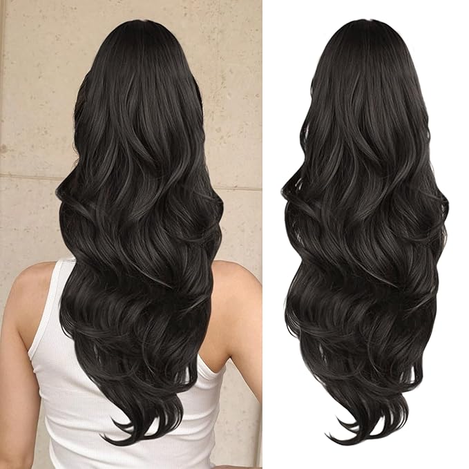Ponytail Extension, Drawstring Ponytail Extension for Women 23 Inch Long Dark Brown Wavy Pony Tails Hair Extensions Synthetic Clip in Ponytail Hairpiece for Women