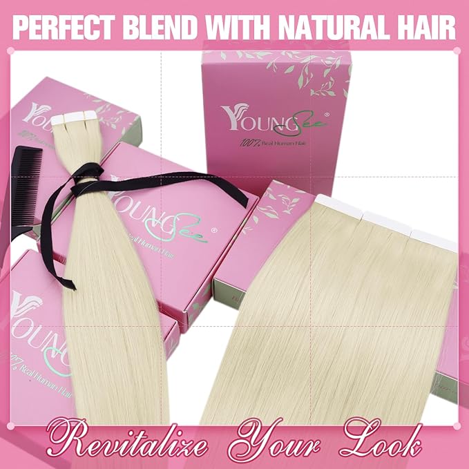 YoungSee Platinum Blonde Tape in Hair Extensions Real Human Hair 22In Platinum Blonde Tape in Hair Extensions 20pcs Invisible Tape-in Extension Long Tapes in Hair Extension Human Hair Straight 50g