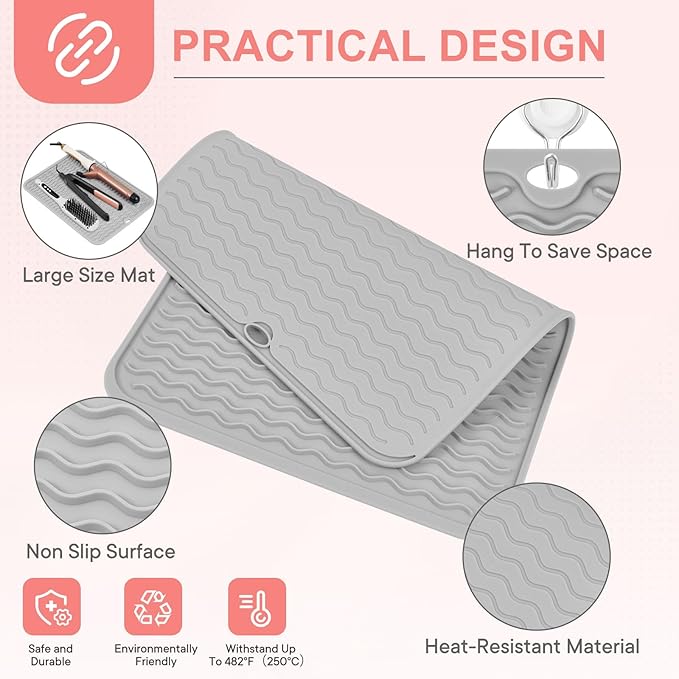 Oversize Silicone Heat Resistant Mat, Portable Travel Mat Cover with Velcro for Curling Irons, Flat Irons, Hair Straightener and Hot Hair Styling Tools(14.2" x 11")