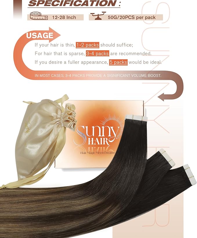 Sunny Hair Tape in Hair Extensions Human Hair Remy Hair Extensions Tape in, 16inch Black Brown Balayage Ash Blonde Tape in Human Hair Extensions Add Length for Wedding 20Pcs 50g