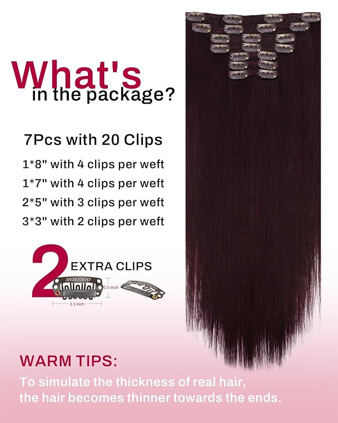 Moresoo Burgundy Clip in Hair Extensions Real Human Hair Dark Red Hair Extensions Real Human Hair Clip ins Double Weft Human Hair Clip in Extensions Red Wine #99J 7pcs 135g 18inch