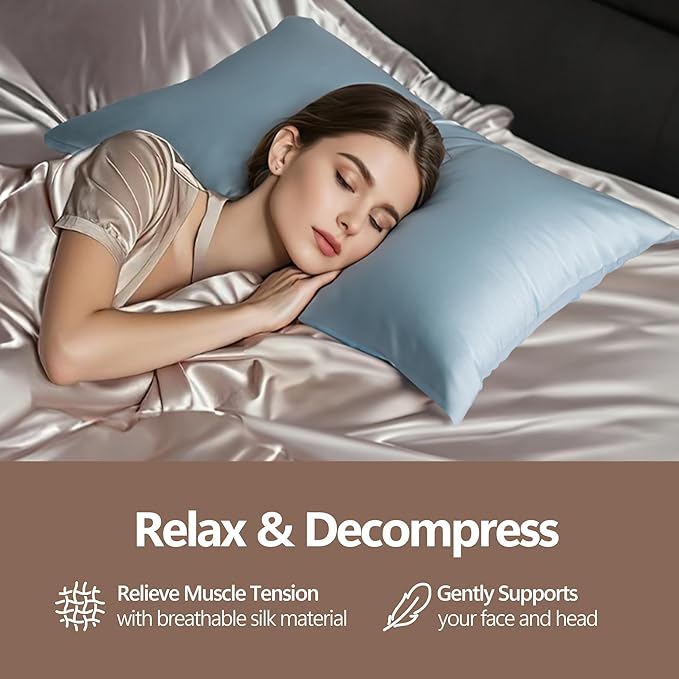 Luxury 6A Mulberry Silk Pillowcase & Silk Pillow Case for Hair & Skin – Anti-Wrinkle, Hidden Zipper – Best Beauty Sleep Solution for Women (Light Blue, King)