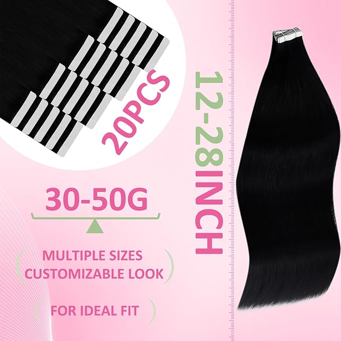 YoungSee Tape in Hair Extensions Real Human Hair Black Tape in Extensions Human Hair 24 Inch Jet Black Invisible Tapein Hair Extension 20pcs for Long Hair 50g Tapes ins Hair Extension Soft and Shiny