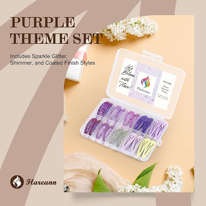 Lavender Purple Snap Hair Clips by FLAREANN – 36 PCS 2 Inch Non-Slip Metal Barrettes for Girls & Women in Glitter, Shimmer & Glossy Finishes – Cute Purple Hair Accessories for Parties & Outings