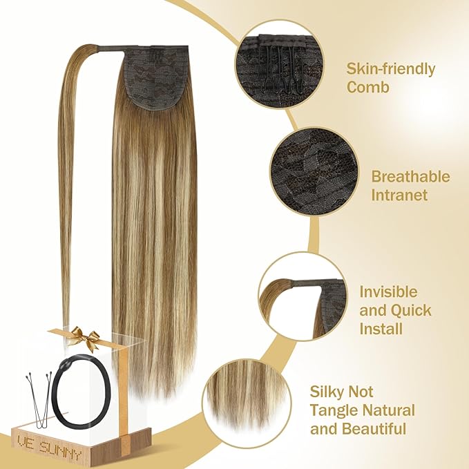 Ve Sunny Hair Extensions Ponytail Real Human Hair Wrap Around Clip in Ponytail Hair Extensions Straight Extensions Human Hair for Women Chestnut Brown Ombre Platinum Blonde Balayage 16inch 80G
