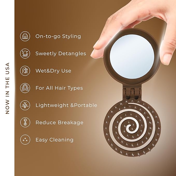 Mini Detangler Travel Hair Brush with Mirror, Makaron Hair Brushes for Women, Men and Kids, Unique 3D Flexible Design for All Hair Types, Styling Accessory, Travel Essentials for Women (DARK BROWN)