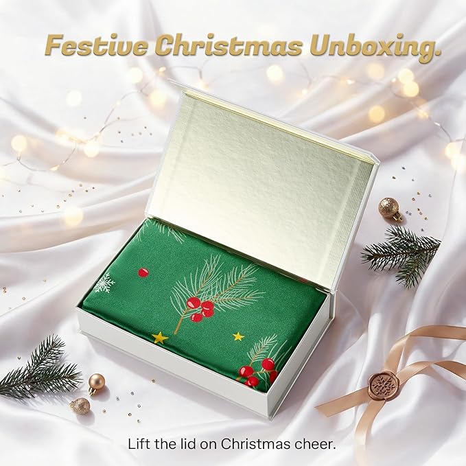 THXSILK Christmas Style 6A+ Grade Mulberry Silk Pillowcase for Hair and Skin, 22 Momme 100% Pure Silk Pillow Case with Hidden Zipper, Christmas Holly Printed Pillow Cover(Queen Size 20"x30",Green)