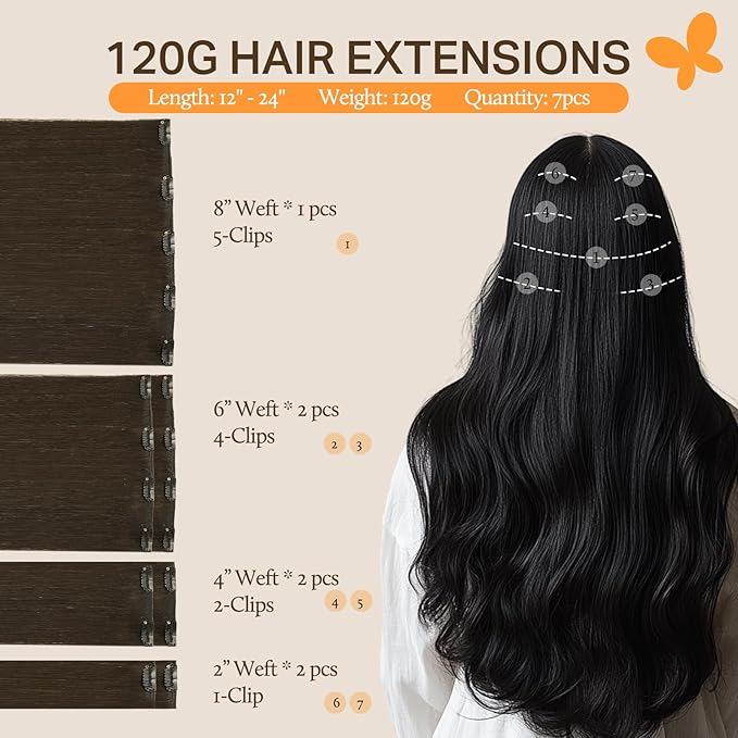 DOORES Clip in Hair Extensions Remy, Light Dark Brown 14 Inch 120g 7pcs, Real Human Hair Extensions Clip in Straight Remy Weft