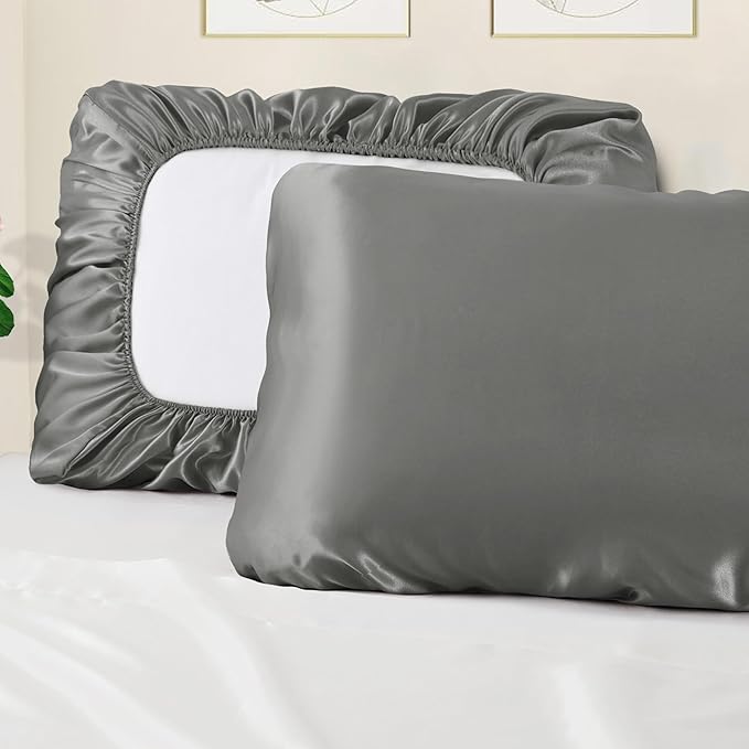 Manyshofu Satin Pillowcases for Hair Protection - 2Pcs Grey Pillow Cases, Elastic Band Standard & Queen Satin Pillowcases Luxury Silky Pillow Cases Travel Pillow Covers