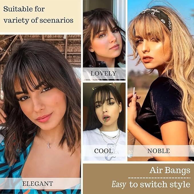 ORIGEN Clip in Bangs Real Human Hair Clip on Wispy Bangs Fringe with Temples Hairpieces Fake Front Bangs Extensions for Women Medium Brown Hair Color