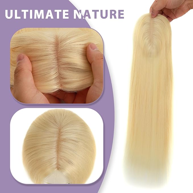14 Inch Length Hair Toppers for Women with Thinning Hair, 3x5 Inch Injected Silk Base 130% Density Hairpieces #613 Bleach Blonde