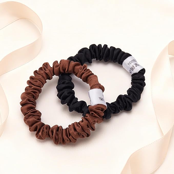 4 Pcs Silk Hair Ties, 22 Momme 100% Mulberry Hair Band, Silk Scrunchies for Women and Girls, 6A Grade No Damage Ponytail Holders (0.4in Width, Brown)