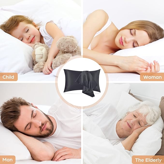 Silk Pillowcase for Hair and Skin, 2 Pack 100% Mulberry Silk Pillowcase 25 Momme, 600 Thread Count, Both Side Pure Silk Pillow Cover with Hidden Zipper (BlackGray, Standard 20''×26'')