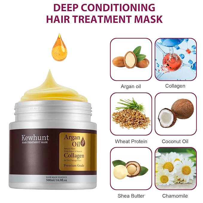 Collagen Hair Mask, Deep Conditioning Hair Mask Infused with Argan Oil, Plant Protein, Shea Butter, Hair Treatment Hydrating Repair Mask Essence for Dry Damaged Hair 16.9 oz 500ml Christmas Gifts