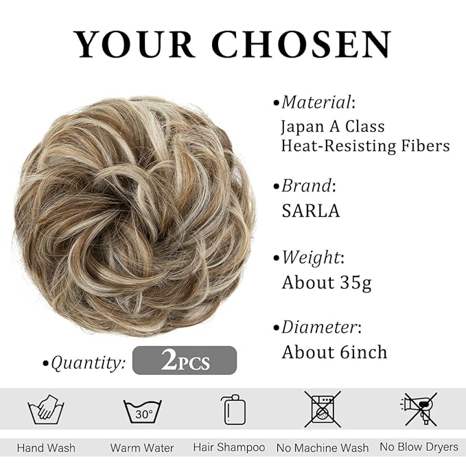 SARLA 2PCS Messy Hair Bun Hair Pieces Wavy Curly Synthetic Updo Fake Scrunchies Ponytail Extension for Women Golden Blonde