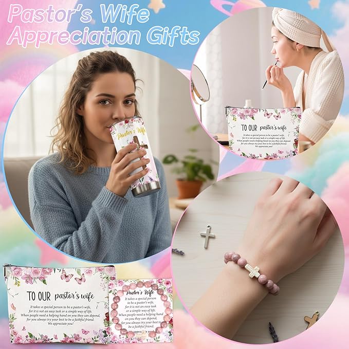 Keluna Pastors Wife Appreciation Gifts - Makeup Bag Tumbler Cup Stone Bracelet Christian Faith Religious Gifts Christmas Thank You Gift for Pastor Wife Women Birthday