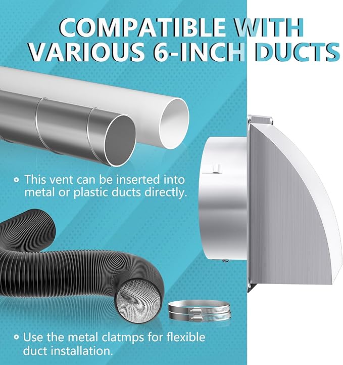 6 Inch Exhaust Vent Cover, HG Power Stainless Steel Dryer Vent Cover Outside with Removable Screen & Cushioned Non Return Flap, Air Wall Vent for House, AC, Opening Diameter: 5.7"(Silver)