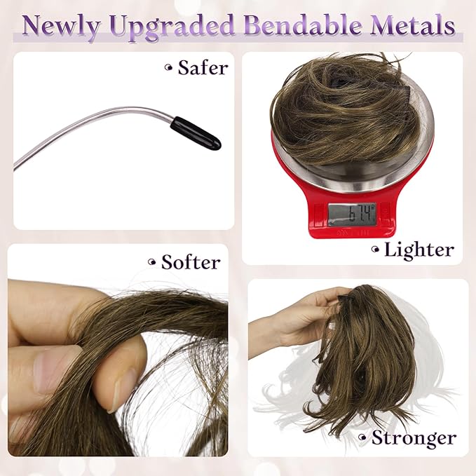 RUWISS Claw Clip Short Human Hair Ponytail Extension with Bendable Metals for DIY Styles Straight Messy Bun Hair Piece for Women Hairpieces for Daily Wear,9 Inch Light Brown Highlighted Dark Brown