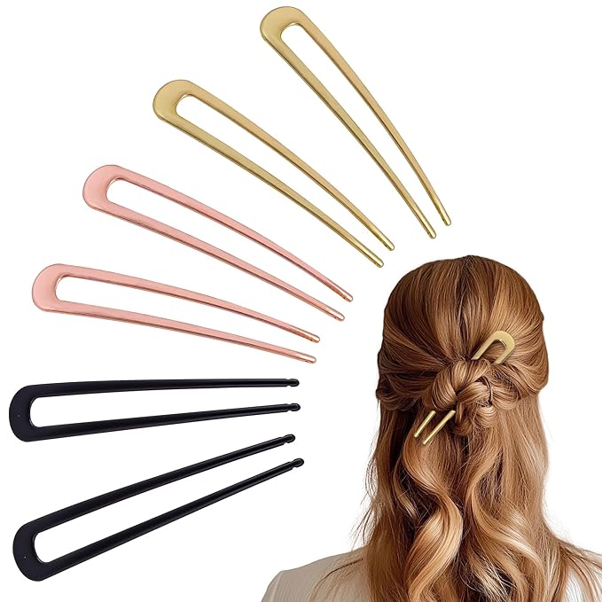 6Pcs Metal French Hair Pins for Women U Shape Sticks 3.9 Inch Vintage Fork for Hairstyle Accessories(Black/Gold/Rosegold)