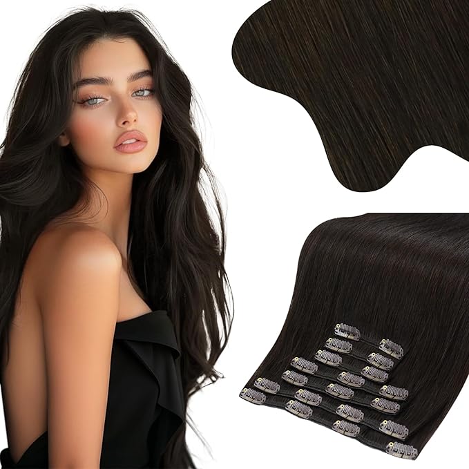 Moresoo Brown Hair Extensions Clip ins Real Human Hair Double Weft Clip on Hair Extensions Human Hair Dark Brown Inivisible Thick Brown #2 7pcs/150g 22inch