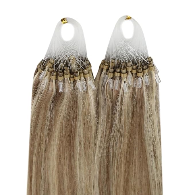 YoungSee Micro Link Hair Extensions Human Hair Highlight Micro Loop Hair Extensions Real Human Hair Light Brown Highlights Blonde Microbead Hair Extension for Adding Hair Volume 18 Inch 50s 50g