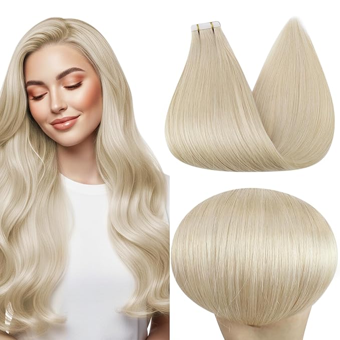 Full Shine Tape in Extensions Color 60 Platinum Blonde Tape in Hair Extensions Human Hair 16 Inch Invisible Tape in Hair Extensions Human Hair Skin Weft Hair Extensions Tape in 50G 20 Pcs Remy Hair