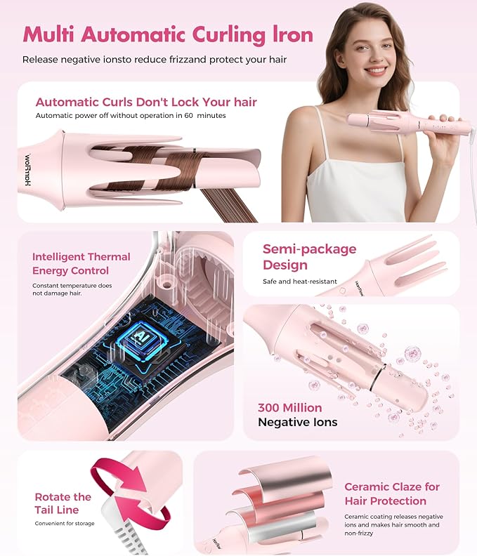 7 in 1 Automatic Curling Iron Interchangeable Barrels -0.5",1", 1.25", 1.5" Curling Wand, Hair Crimper & Straightening Brush,& Rotating Curler, 300M Negative Ions & Dual Voltage, Home & Travel