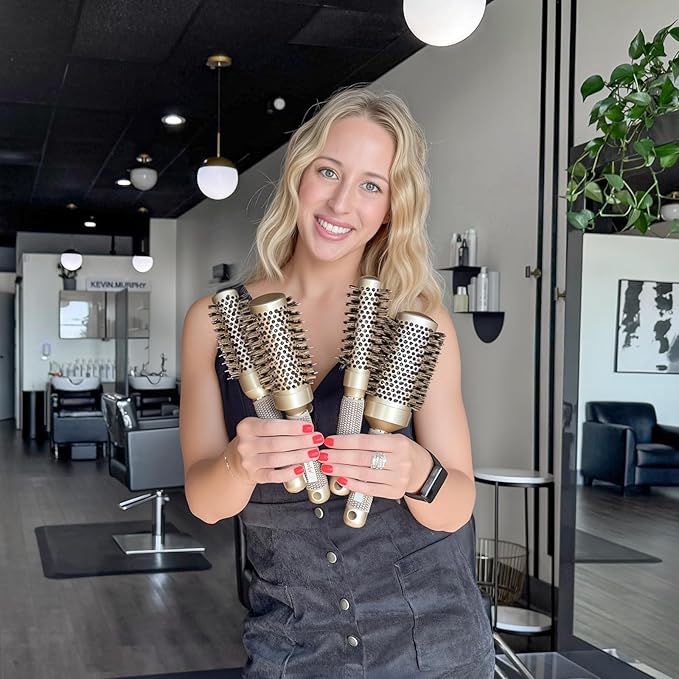 Sndyi Nano Thermal Ceramic & Ionic Tech Round Hair Brush with Boar Bristles, Professional Barrel Brush for Styling, Curling and Straightening, 2 Pack