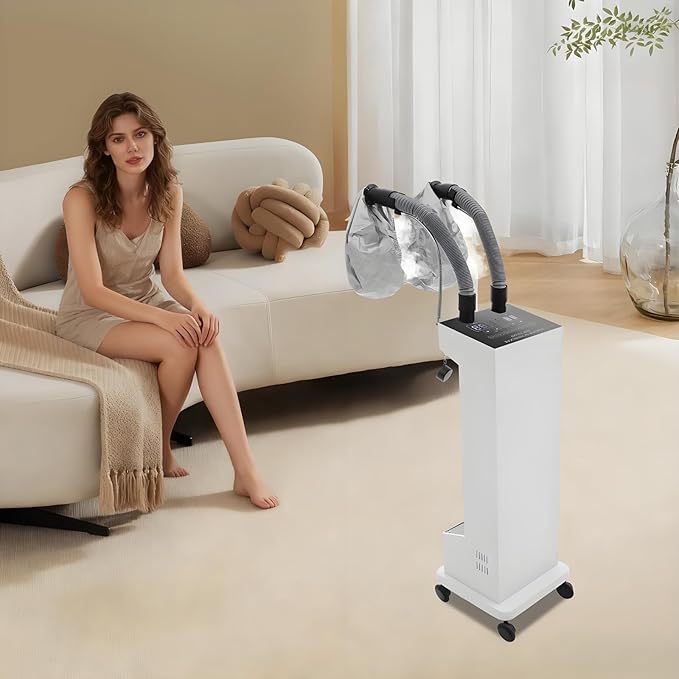 Professional Nano Hair Steamer, Multi-Function Micro-Mist Hair Steamer with Universal Wheel 2 Vaporizing Caps for Deep Care Hair Repair Salon Spa (White)