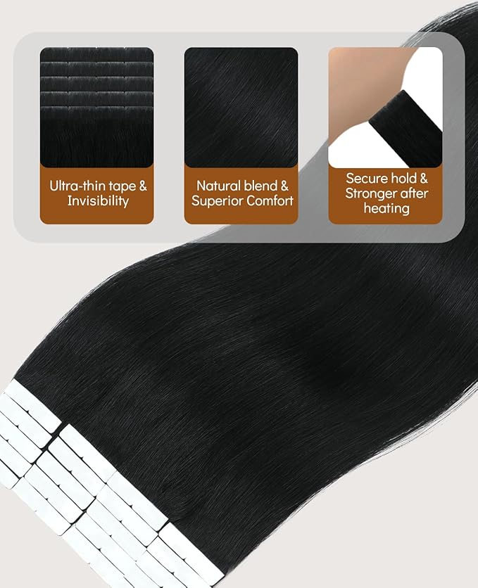 VINBAO Invisible Tape in Hair Extensions Human Hair 45g 20pcs Jet Black Seamless Injected Tape in Extensions Real Human Hair Seamless Pro Invisible 16inch #1