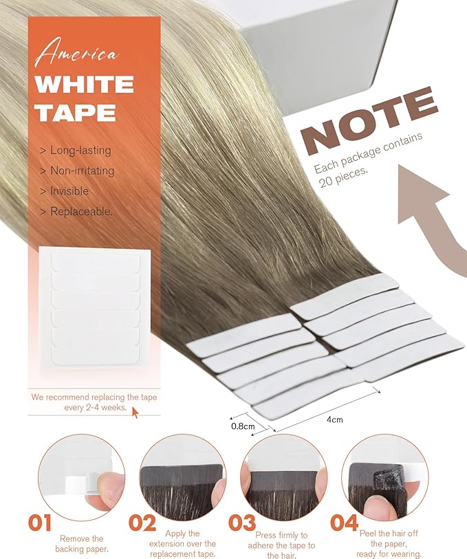 Sunny Hair Tape in Hair Extensions Real Human Hair Invisible Remy Hair Extensions Tape ins for Women Light Brown Root to Platinum Blonde Balayage 24 inch 20Pcs 50G
