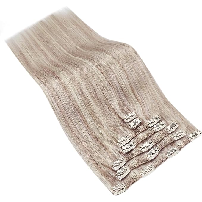 Ve Sunny Real Hair Extensions Clip in Human Hair Ash Blonde Highlight Bleach Blonde Remy Human Hair Clip in Extensions Straight 16inch 120g 7pcs