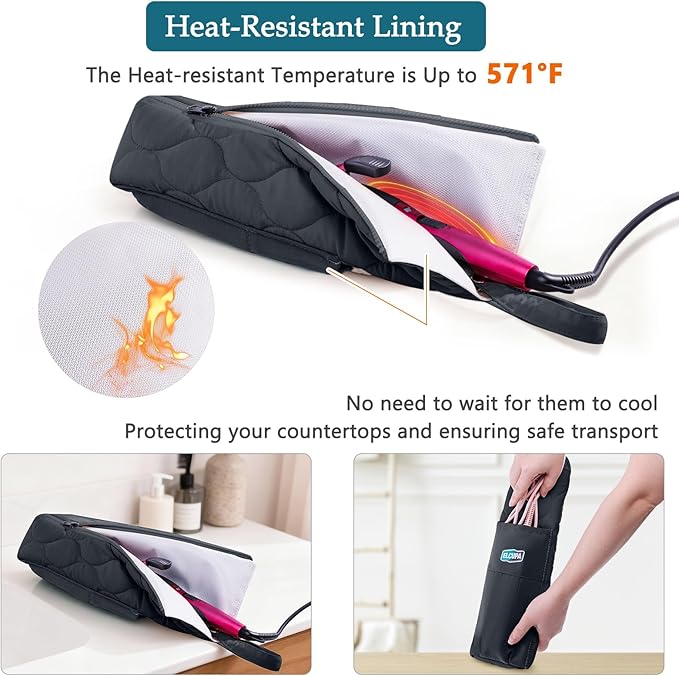 Heat Resistant Hair Tool Organizer Bag with Hanging Loop, Portable Travel Case for Flat Irons, Curling Irons, Hair Straighteners & Hot Styling Tools, 13.5" Heat-Proof Storage Cover with 2 Pockets