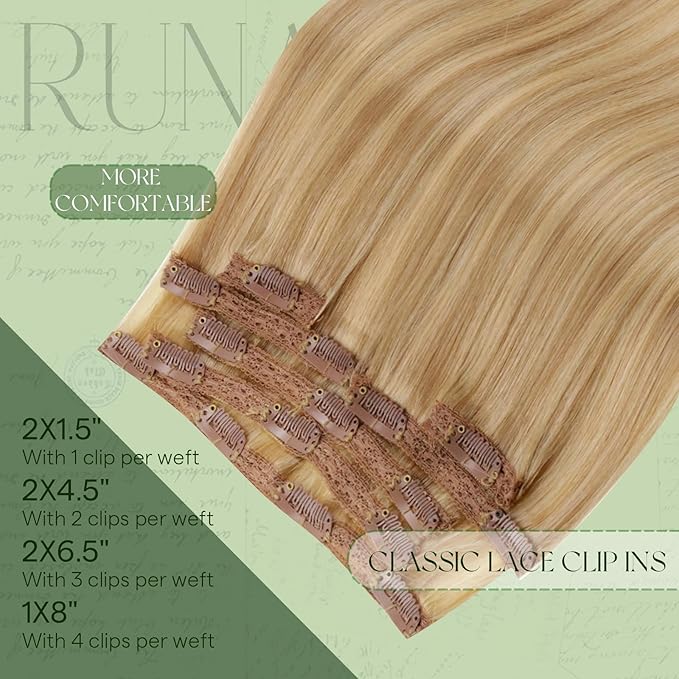 RUNATURE Blonde Hair Extensions Clip Ins, 22 Inch Clip in Human Hair Extensions, Real Human Hair Clip in Extensions, Remy Long Hair, Add Hair Length, 120g 7pcs #16P24 Golden Blonde Highlights