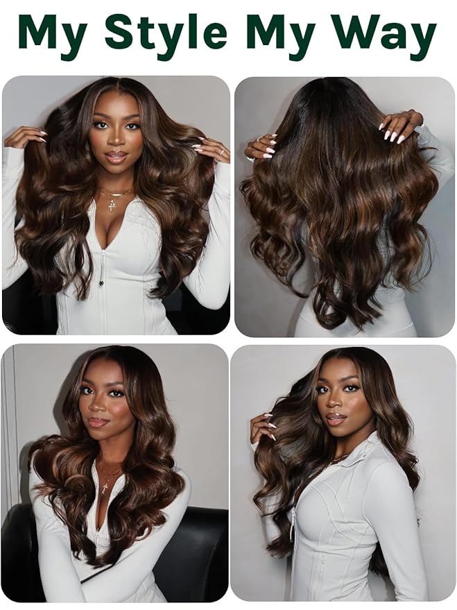 KLAIYI Ombre Brown V Part Wig Body Wave Human Hair Upgrade U Part Wig with Dark Roots Glueless Chestnut Brown Clip in Half Wig No Glue No Leave Out Beginner Wigs for Women Wear and Go Wig 150% 24Inch