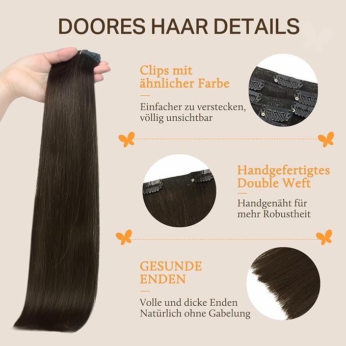DOORES Human Hair Extensions Clip in Dark Brown 100g 7pcs 14 Inch Clip in Hair Extensions Remy Natural Human Hair Straight