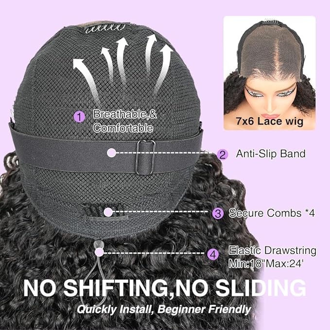 7x6 Burmese Curly Glueless Wigs Human Hair Pre Plucked Pre Cut 250% Density Drawstring Wig Human Hair 7x6 HD Lace Front Wigs Human Hair for Black Women Wear and Go Glueless Wig Natural Color 24inch