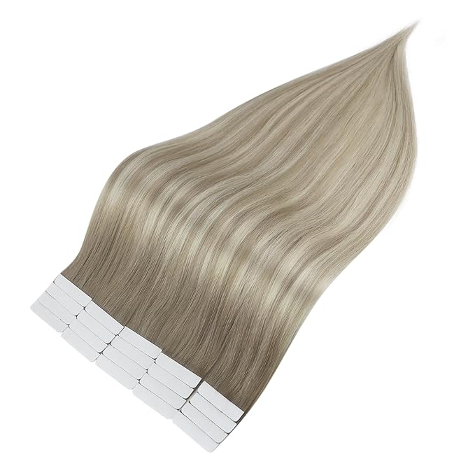 Full Shine Tape in Hair Extensions Human Hair Color Grey and Blonde 19/8/60 22 Inch Tape Extensions Human Hair 50 Gram 20 Pcs Skin Weft Remy for Daily Wear Invisible Tape ins Add Length
