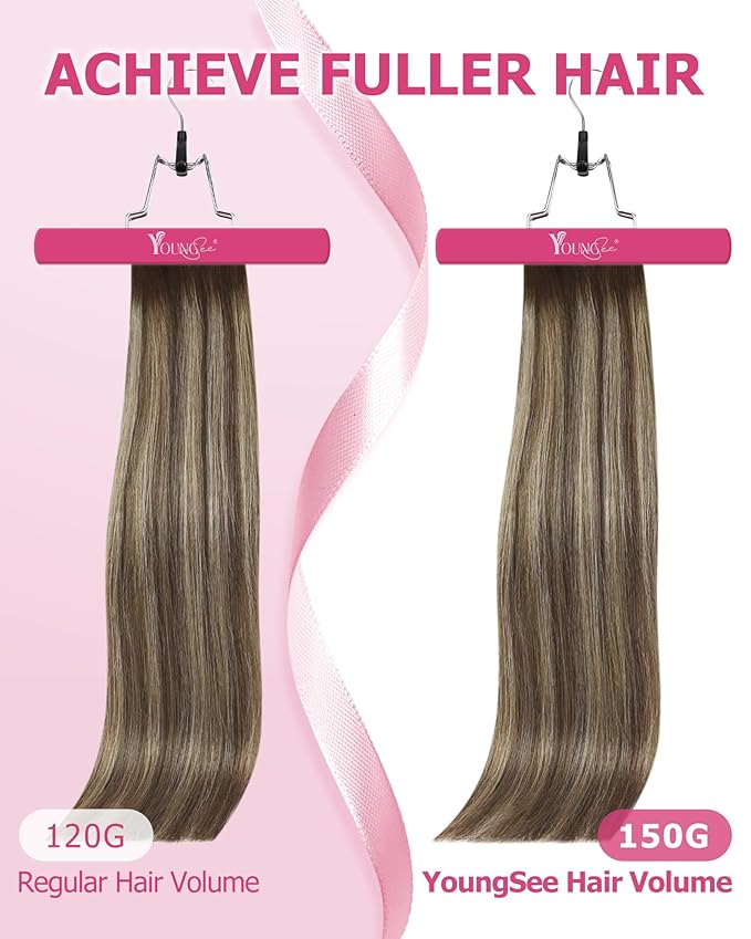 YoungSee Clip in Hair Extensions Human Hair Brown Balayage Hair Extensions Clip ins Chocolate Brown with Ash Blonde Balayage Real Hair Extension Clip ins for Women Soft and Smooth 14Inch 120G 7Pcs