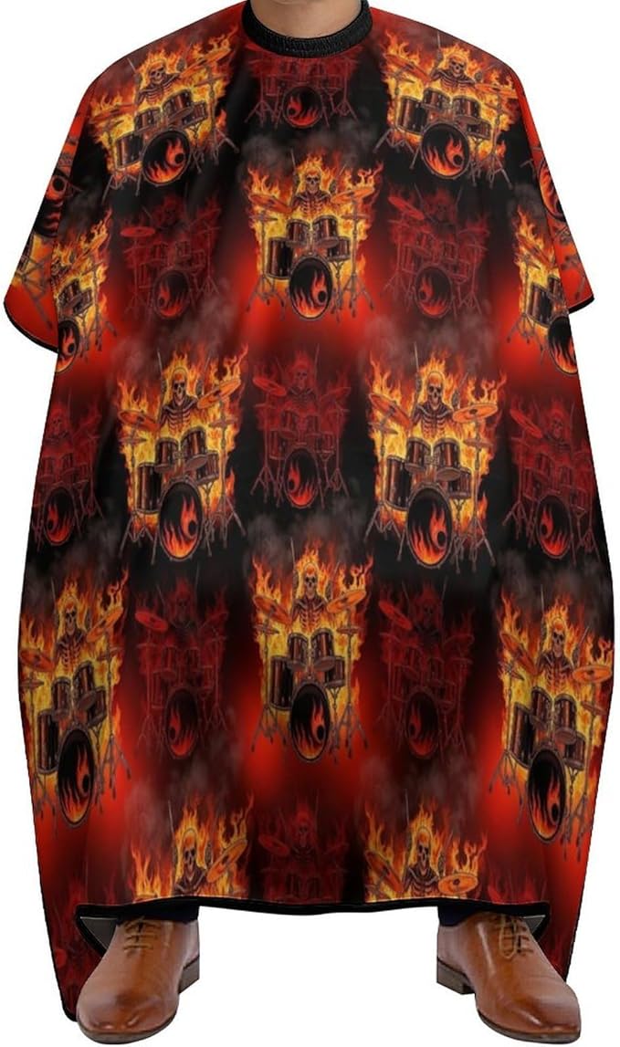 Extra Long Professional Salon Cape, Haircut Apron Rock Drum Fire Flame Skull Skeleton Hair Cutting Gown for Styling Hair Cut Hairdresser