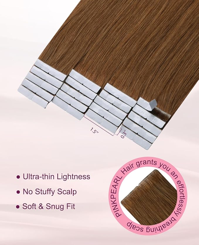 Pinkpearl Invisible Tape in Hair Extensions Human Hair, 20pcs 22inch 60g #33 Auburn Injection Tape in Extensions Real Remy Straight Seamless Silky Human Hair Injected