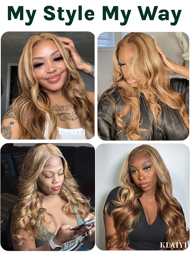 KLAIYI Bye Bye Knots Glueless Wig Highlight Blonde Body Wave Pre Cut 7x5 HD Lace Front Wigs Human Hair Pre Plucked Pre Bleached Pre Everything Wear and Go Wig 12A Ombre Brown 30S Ready To Wear 14Inch
